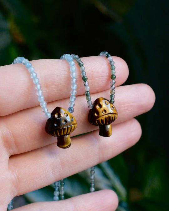 Tiger's Eye Hand Carved Toadstool Beaded Necklace