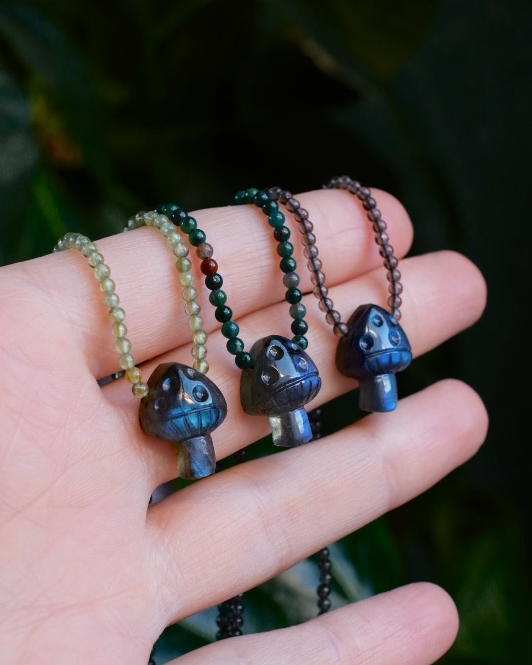 Blue Labradorite Hand Carved Toadstool Beaded Necklace