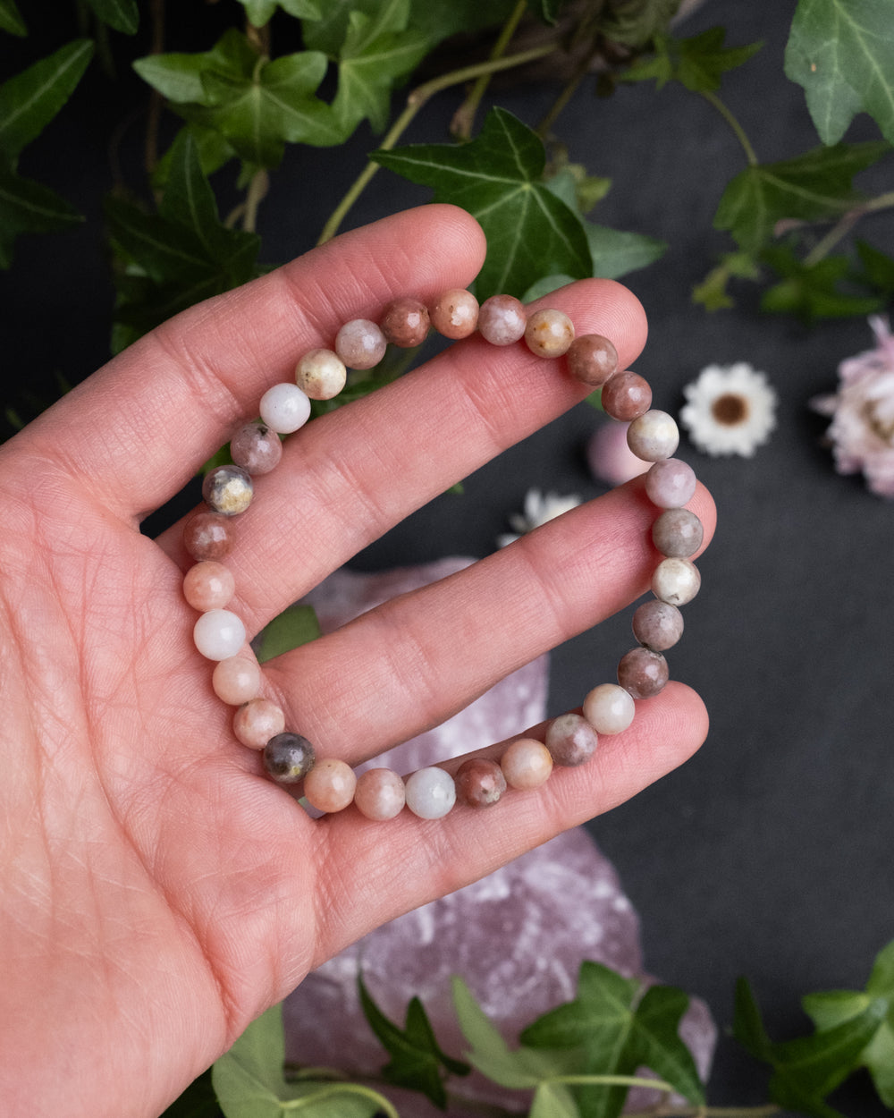 Pink & Yellow Rhodonite Round Bead Bracelet 6mm