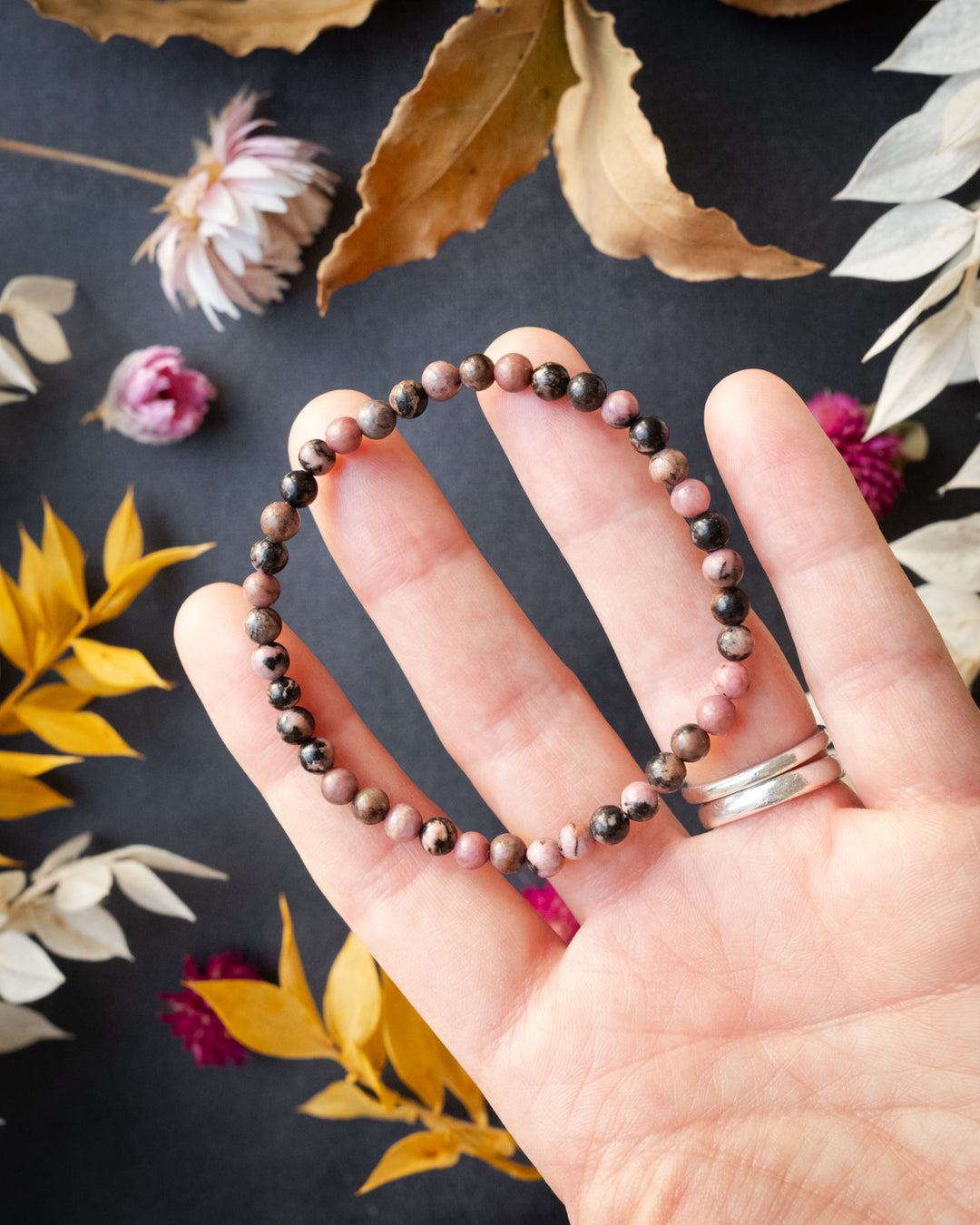 Rhodonite Round Bead Bracelet 4mm