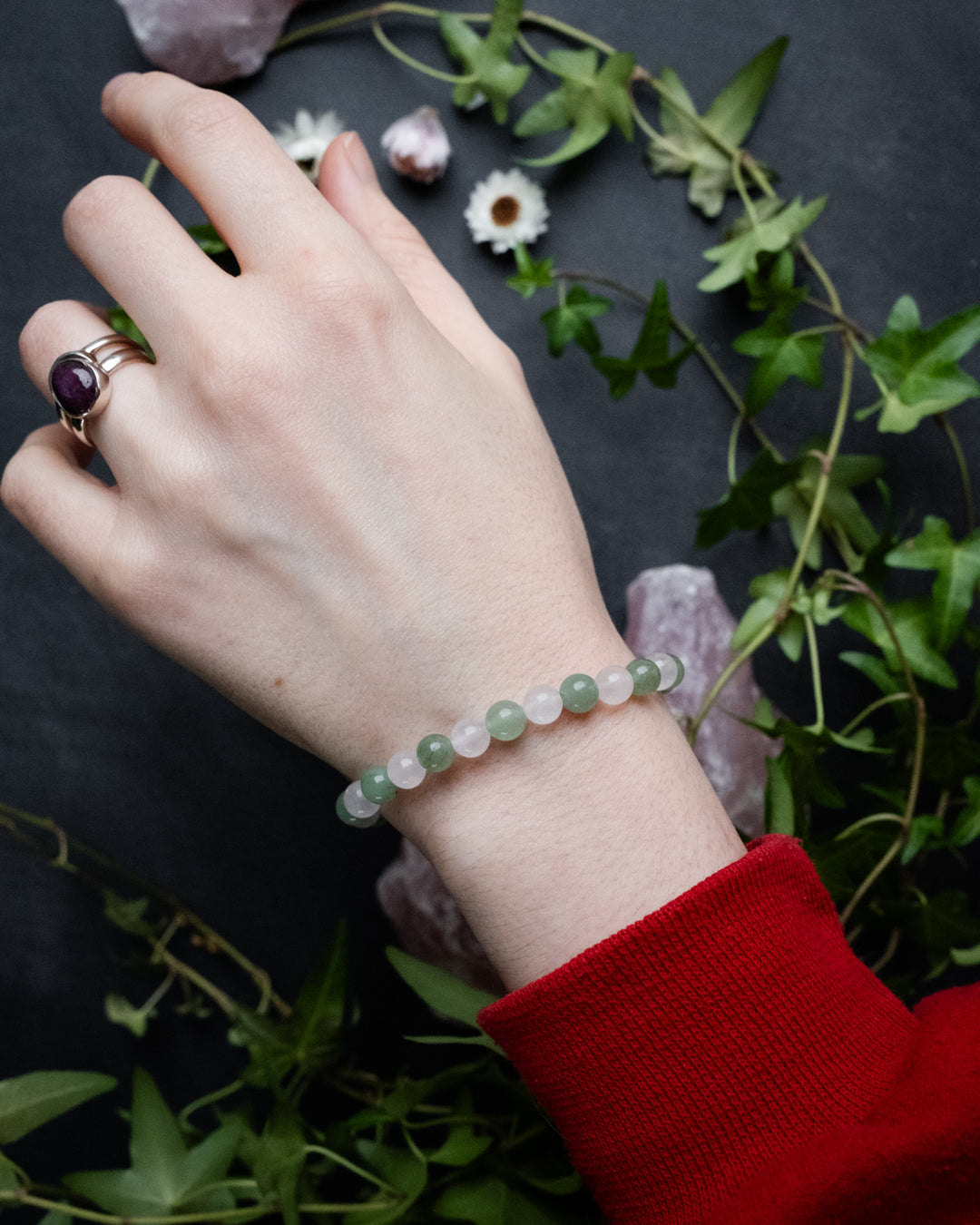 Rose Quartz & Aventurine Round Bead Bracelet 6mm