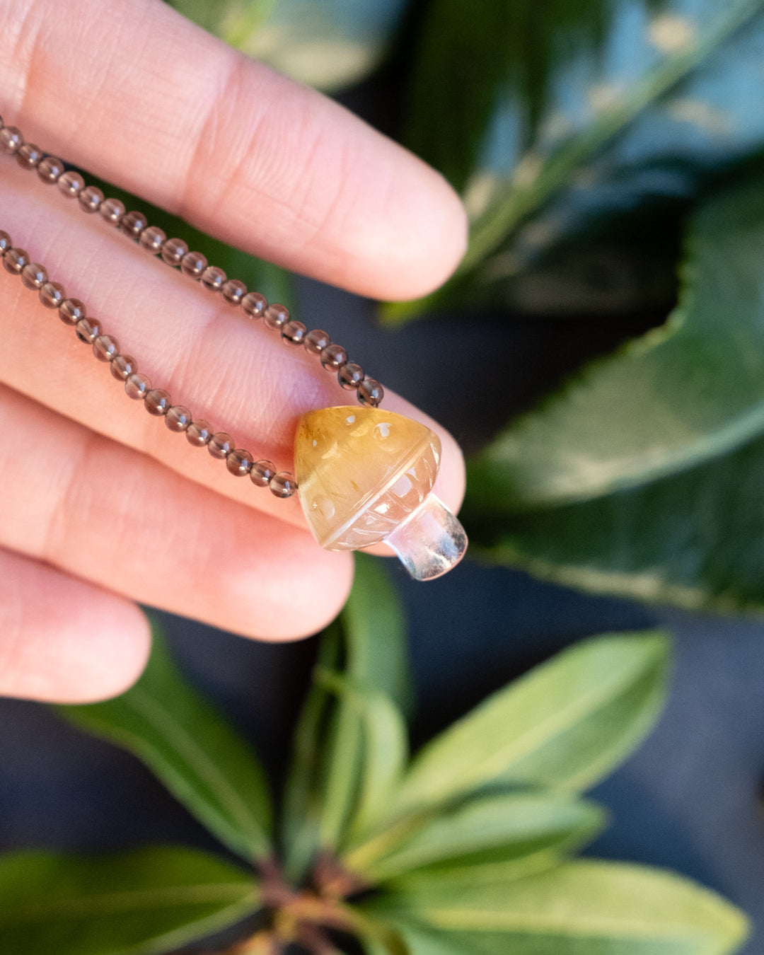 Rutilated Quartz Hand Carved Toadstool Beaded Necklace