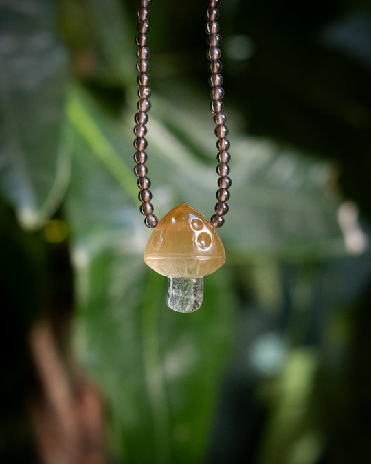 Rutilated Quartz Hand Carved Toadstool Beaded Necklace