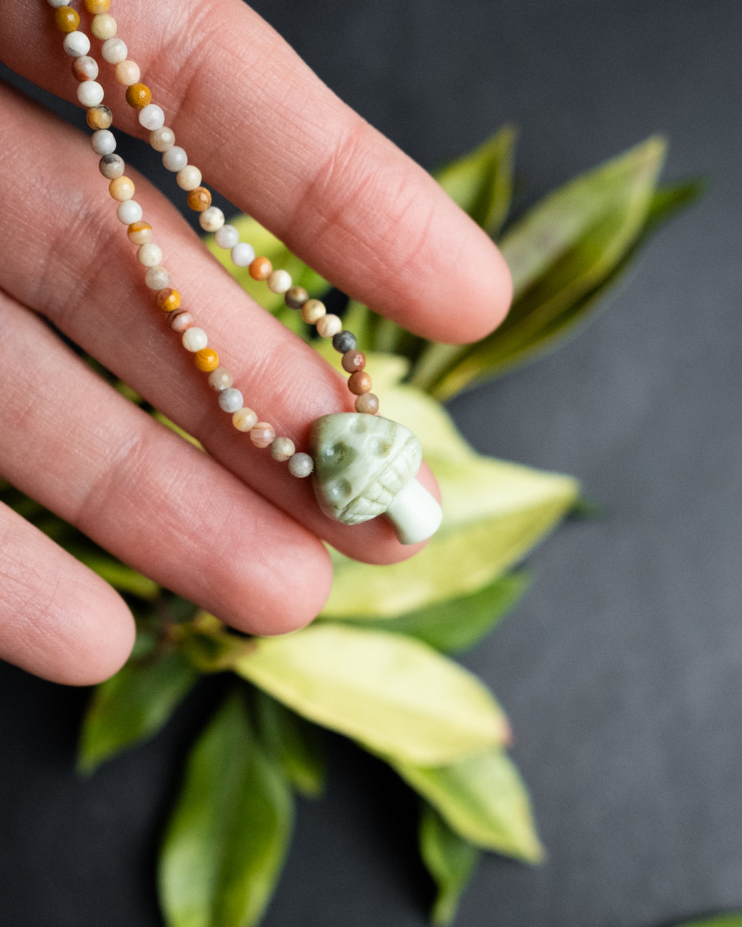 Serpentine Hand Carved Toadstool Beaded Necklace