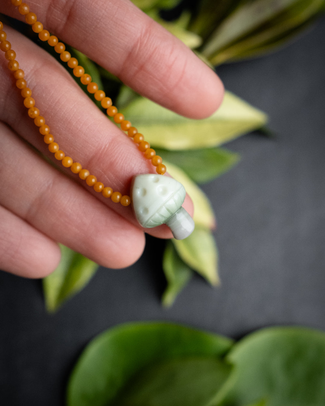 Serpentine Hand Carved Toadstool Beaded Necklace