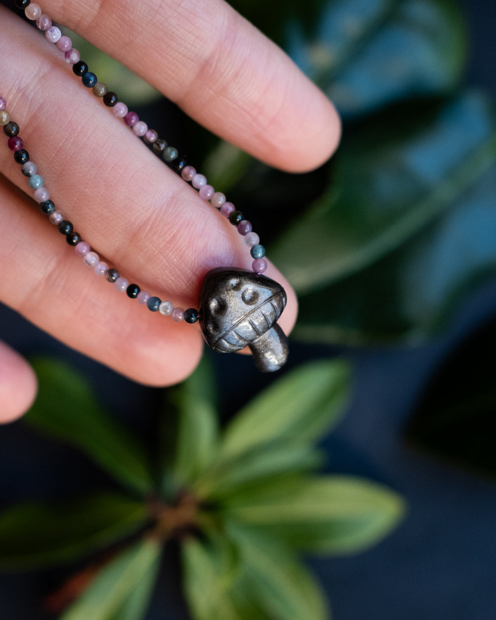 Silver Sheen Obsidian Hand Carved Toadstool Beaded Necklace