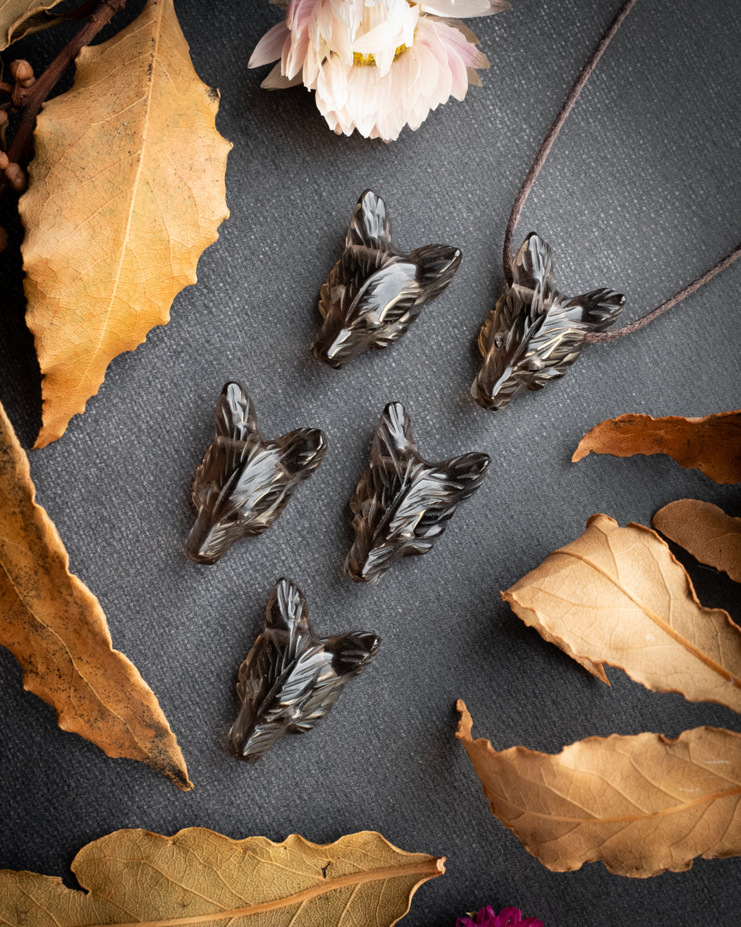 Small Smoky Quartz Hand Carved Wolf Necklace