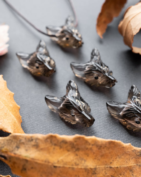 Small Smoky Quartz Hand Carved Wolf Necklace