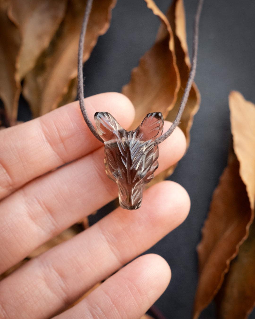 Small Smoky Quartz Hand Carved Wolf Necklace