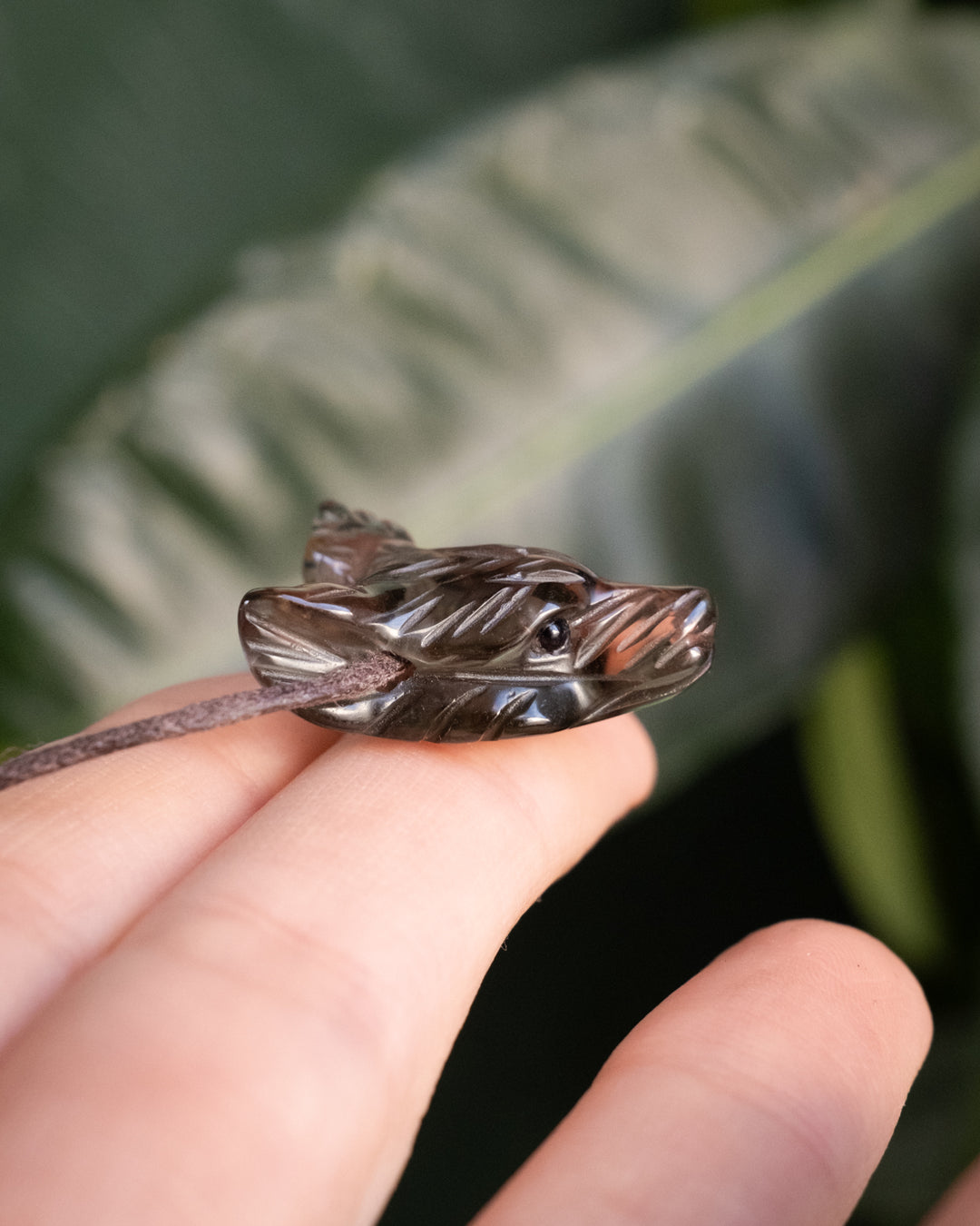 Small Smoky Quartz Hand Carved Wolf Necklace