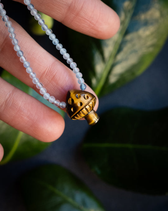 Tiger's Eye Hand Carved Toadstool Beaded Necklace