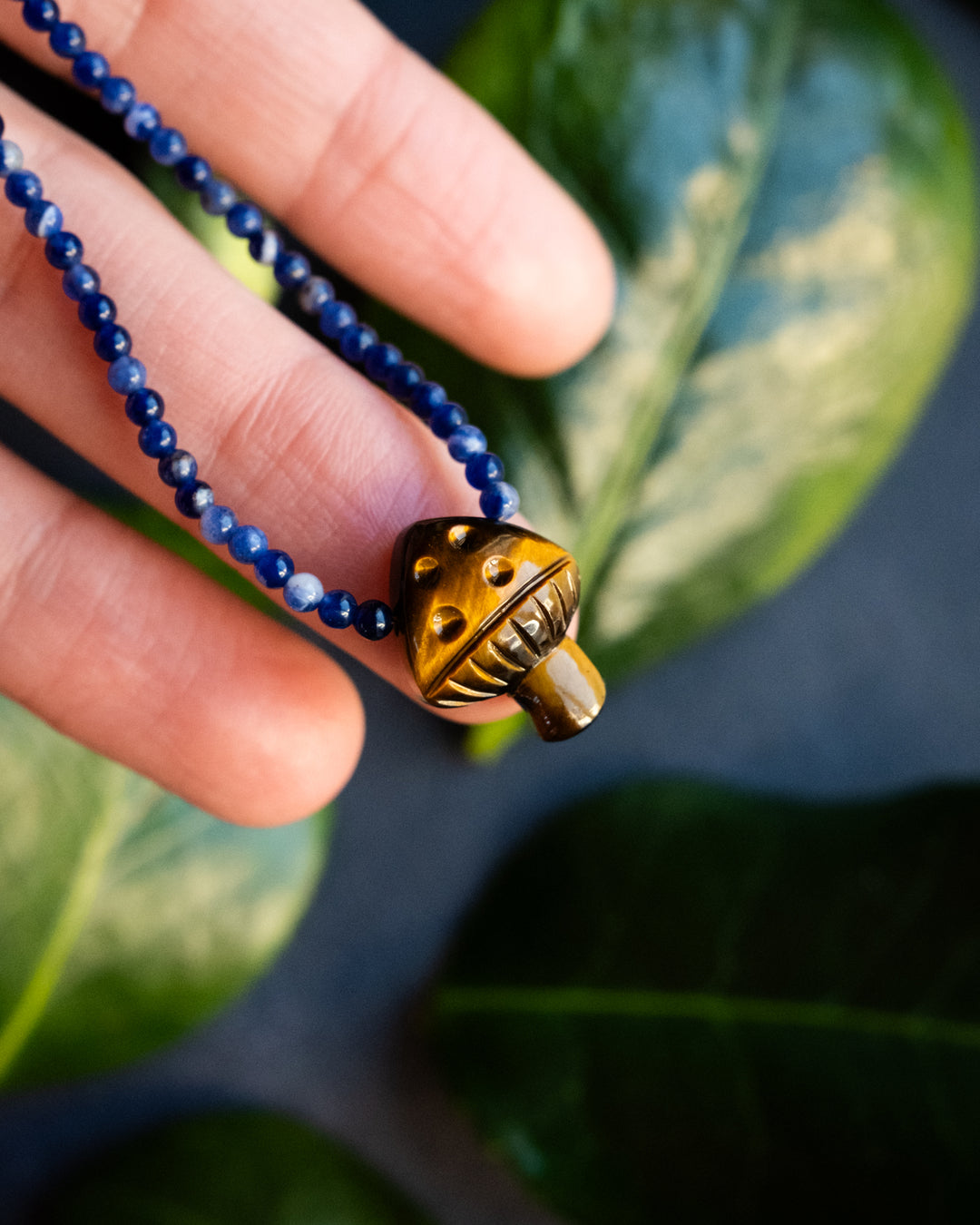 Tiger's Eye Hand Carved Toadstool Beaded Necklace