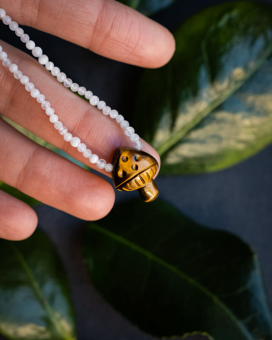 Tiger's Eye Hand Carved Toadstool Beaded Necklace