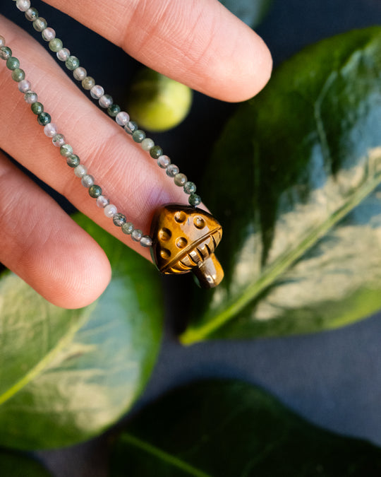 Tiger's Eye Hand Carved Toadstool Beaded Necklace