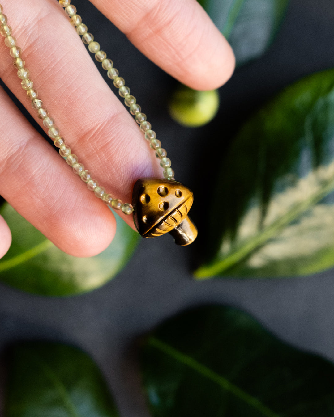 Tiger's Eye Hand Carved Toadstool Beaded Necklace