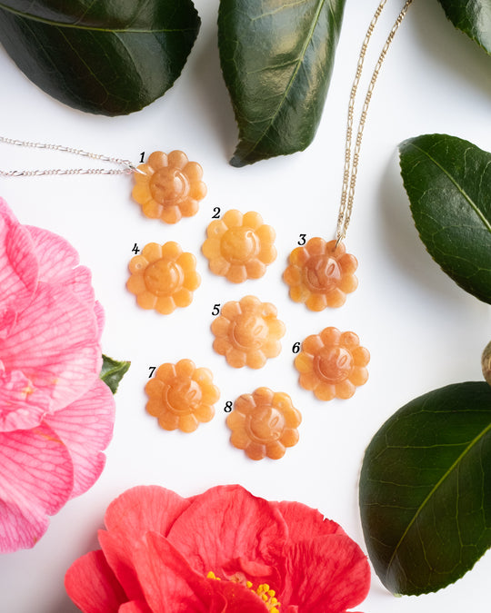 Yellow Agate Hand Carved Groovy Flower Necklace