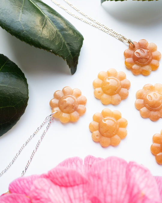 Yellow Agate Hand Carved Groovy Flower Necklace