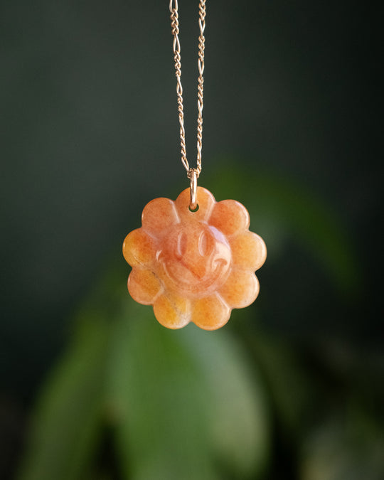 Yellow Agate Hand Carved Groovy Flower Necklace