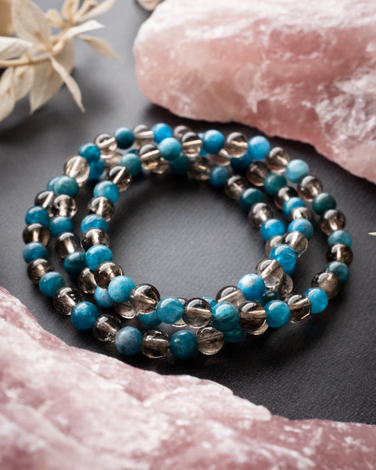 Smoky Quartz & Blue Apatite Round Bead Bracelet 6mm - The Healing Pear