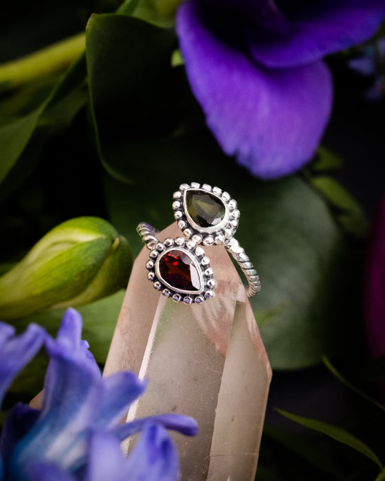 Green Tourmaline & Garnet Adjustable Ring in Sterling Silver